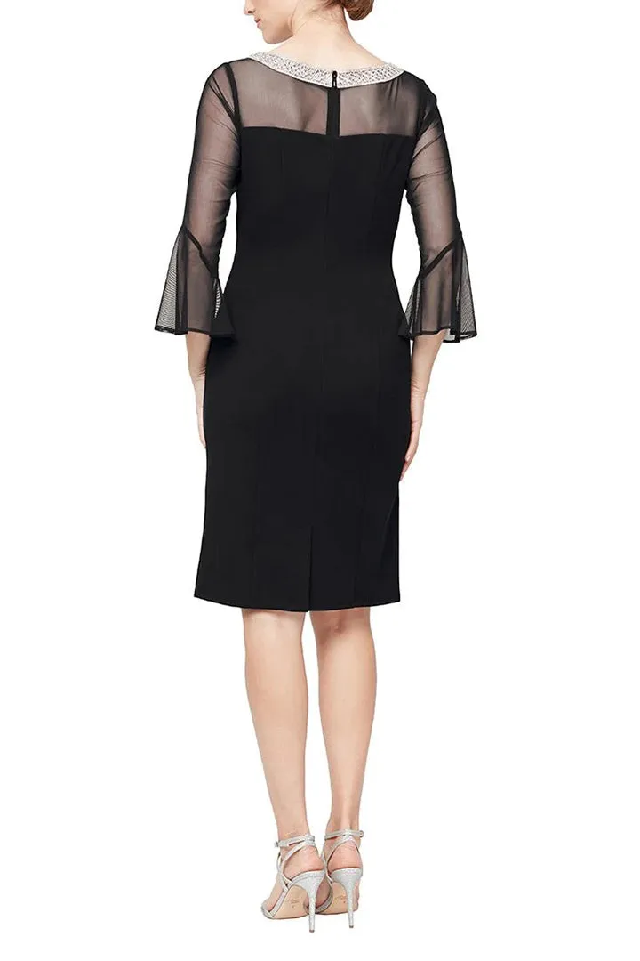 Alex Evenings embellished boat neck bell sleeve illusion sheath crepe dress