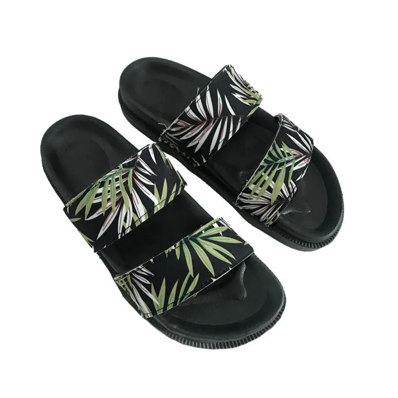 Black Pu Palm Leaves Print Summer Flat Rubber Sandals