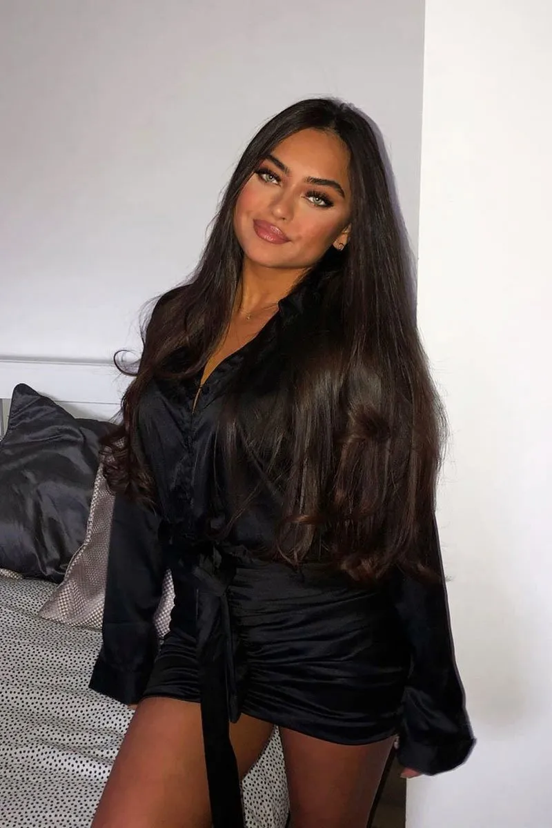 Black Satin Shirt Ruched Belted Bodycon Dress - Aneliese