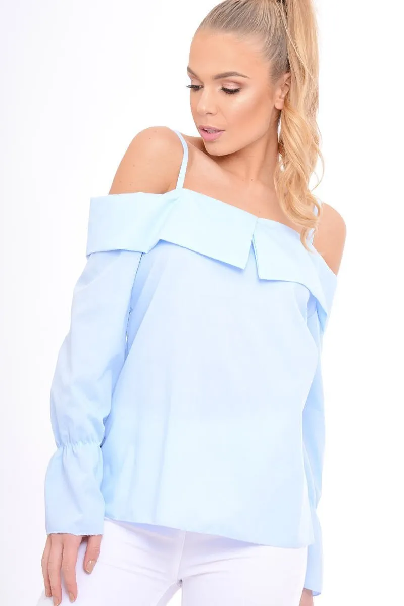 Blue Bardot Strappy Bell Sleeve Top - Kandice