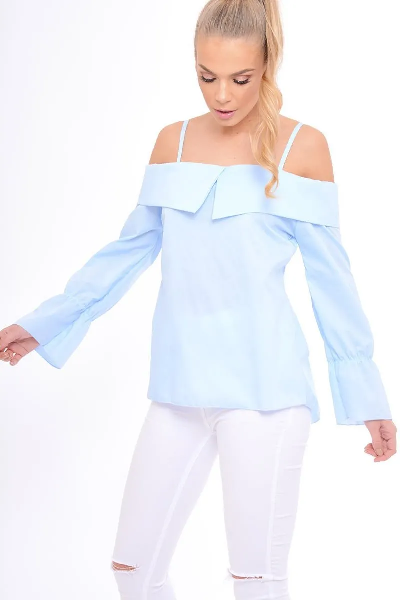 Blue Bardot Strappy Bell Sleeve Top - Kandice