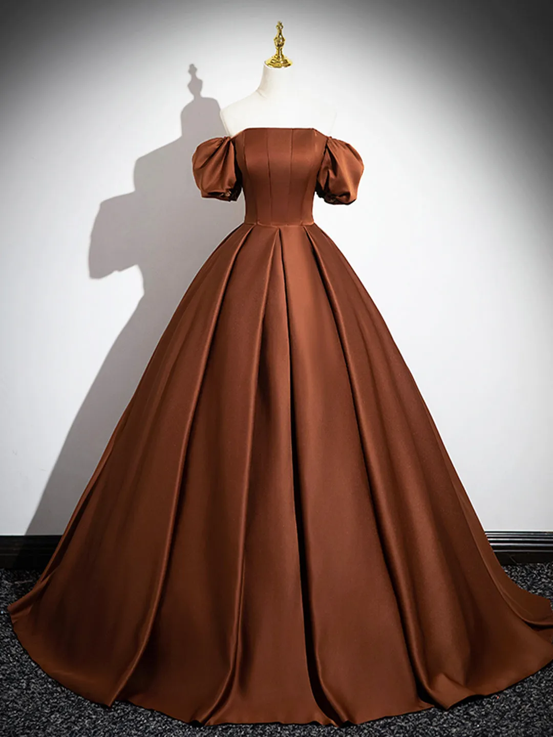 Brown Satin Floor Length Prom Dress Off the Shoulder A-Line Evening Dress