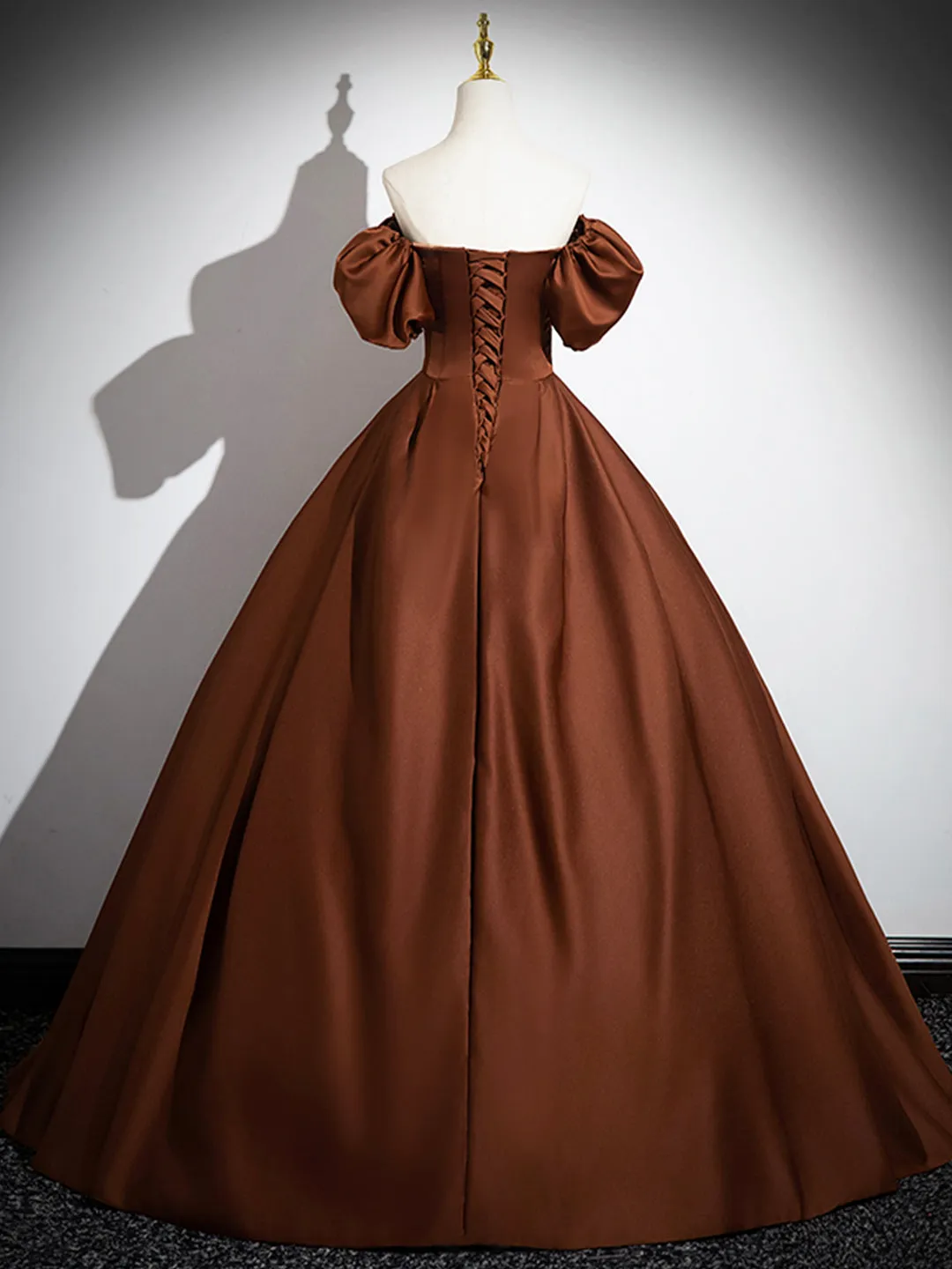 Brown Satin Floor Length Prom Dress Off the Shoulder A-Line Evening Dress