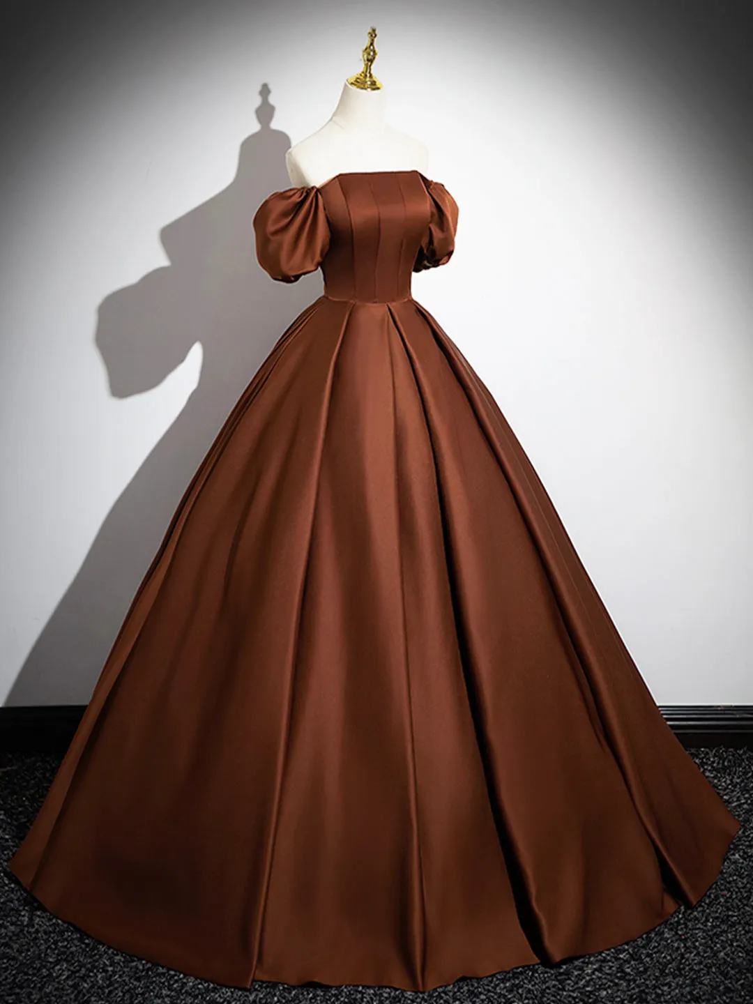 Brown Satin Floor Length Prom Dress Off the Shoulder A-Line Evening Dress