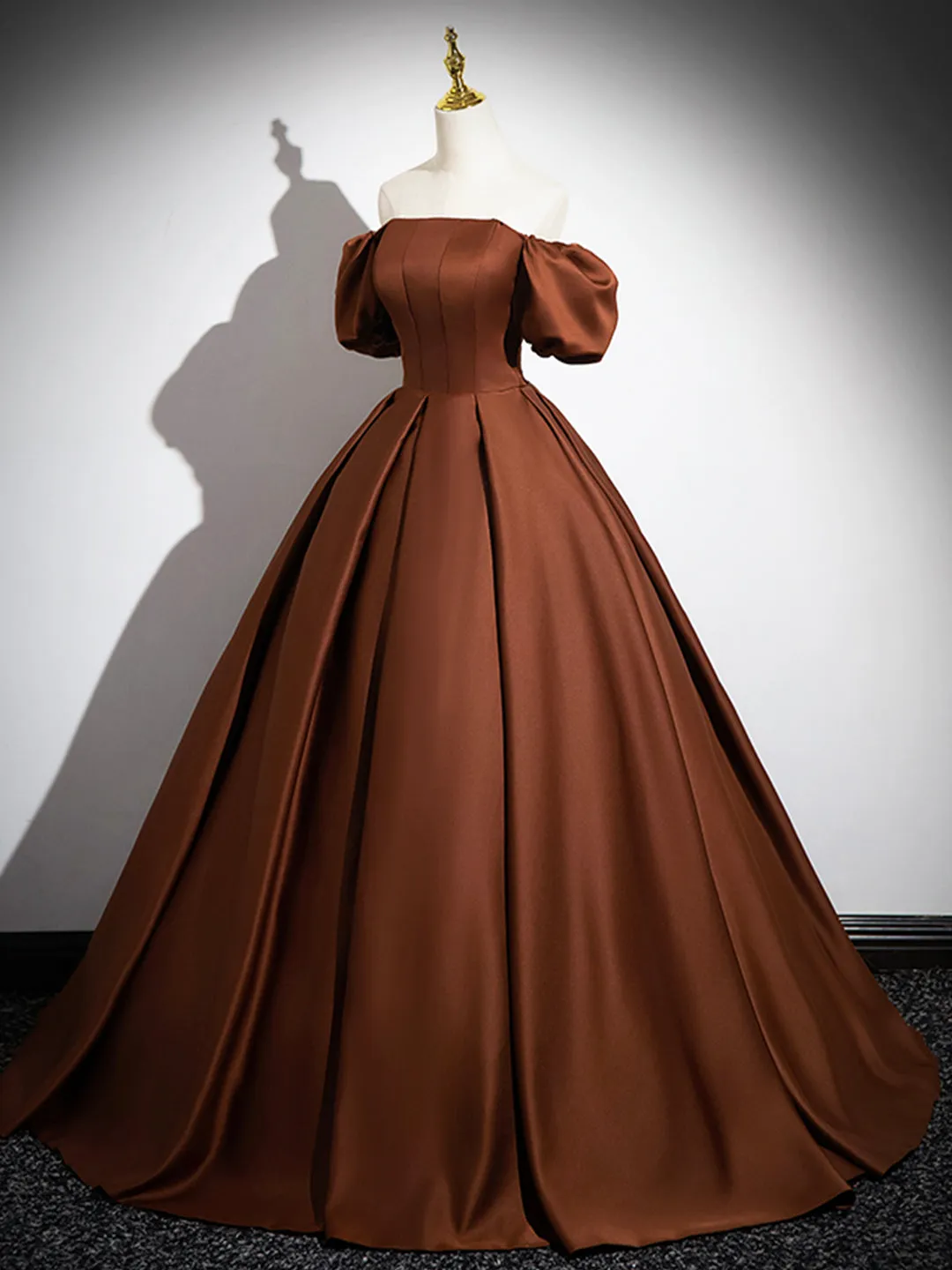 Brown Satin Floor Length Prom Dress Off the Shoulder A-Line Evening Dress