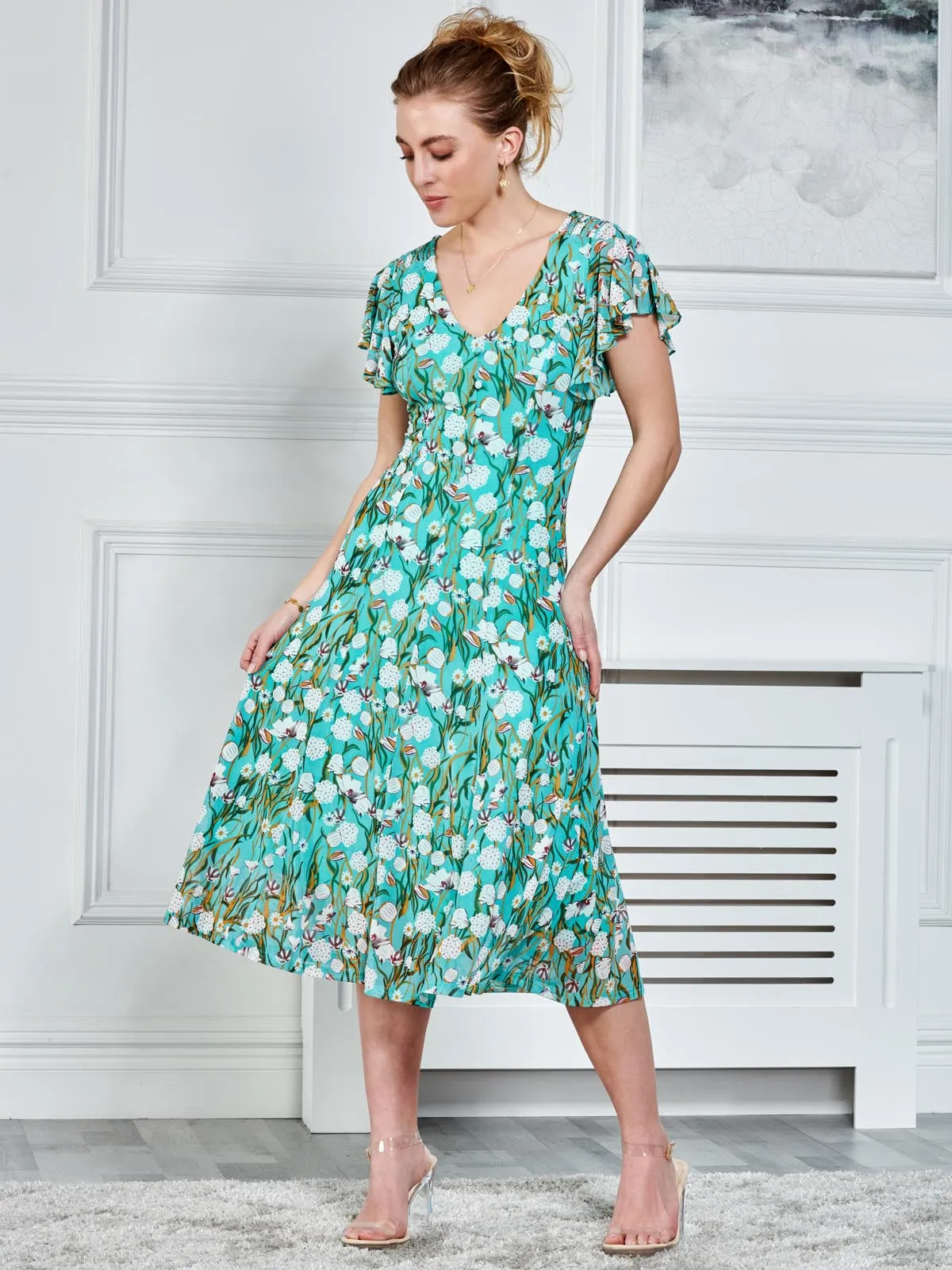 Colette Fit & Flare Mesh Dress, Green Floral
