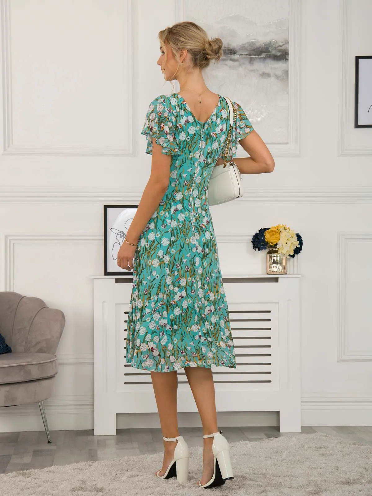 Colette Fit & Flare Mesh Dress, Green Floral