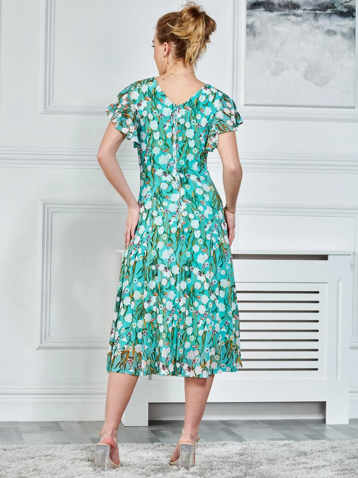 Colette Fit & Flare Mesh Dress, Green Floral