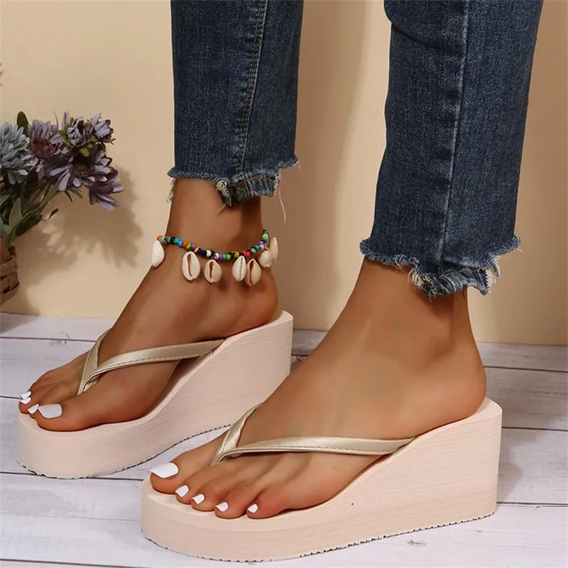 Fashionkova  2022 Summer Women's Wedge Heel Clip-On Sandals Casual Outer Wear Fashion Frosted High-Heeled Thick-Soled Flip-Flops