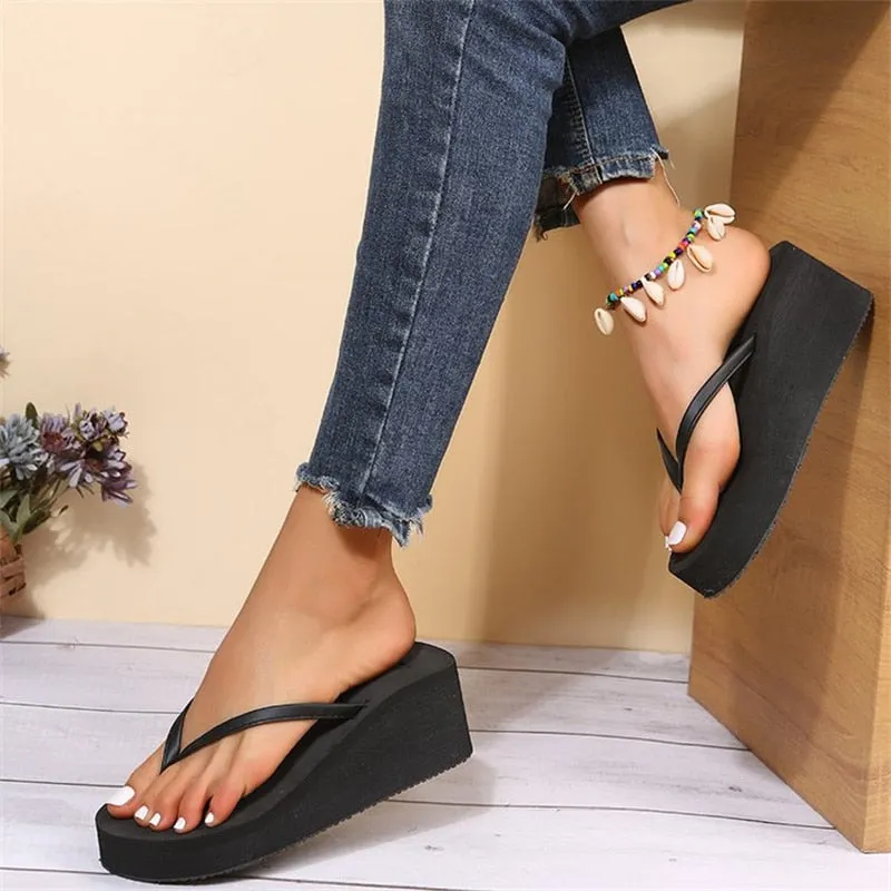 Fashionkova  2022 Summer Women's Wedge Heel Clip-On Sandals Casual Outer Wear Fashion Frosted High-Heeled Thick-Soled Flip-Flops