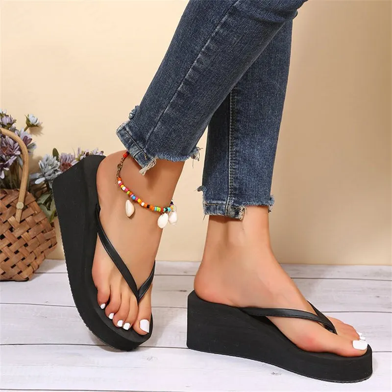Fashionkova  2022 Summer Women's Wedge Heel Clip-On Sandals Casual Outer Wear Fashion Frosted High-Heeled Thick-Soled Flip-Flops