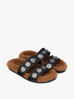 Faux-fur and leather flat sandals