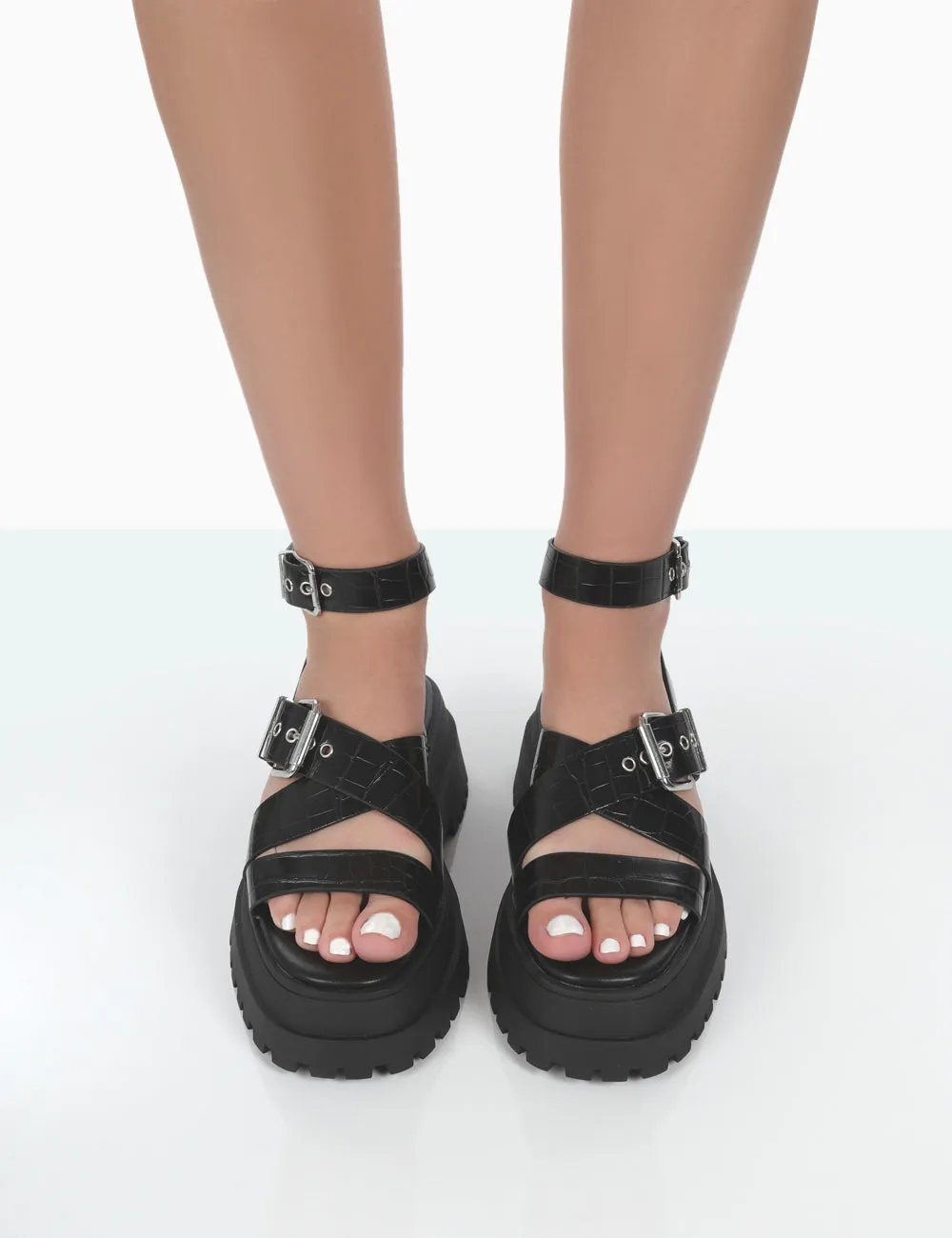 Follow Wide Fit Black PU Croc Chunky Buckle Sandals
