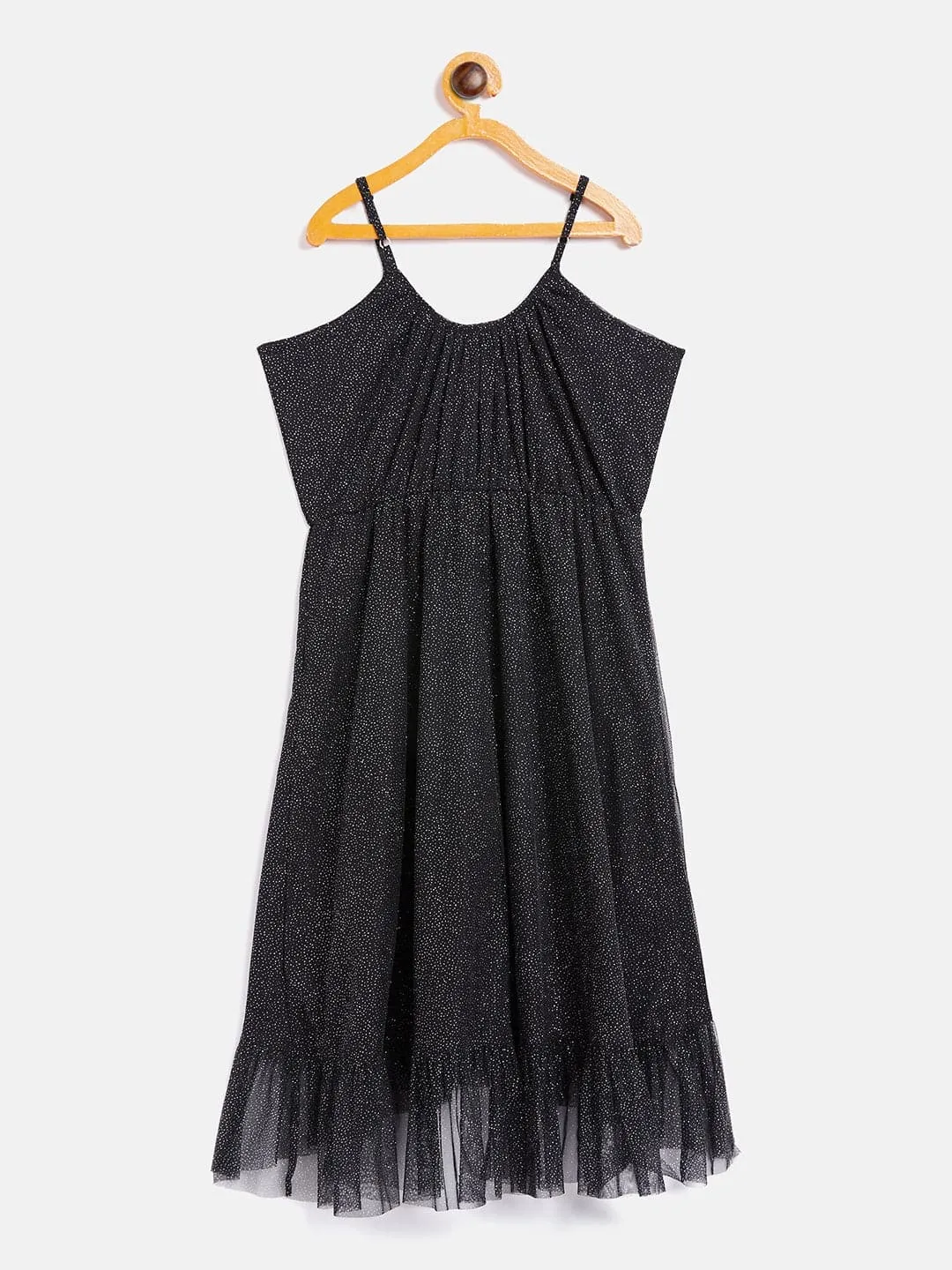 Girls Black Mesh Lurex Strappy High Low Dress