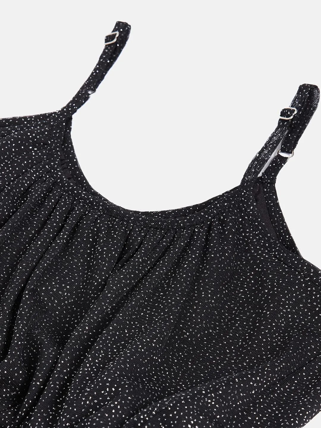 Girls Black Mesh Lurex Strappy High Low Dress