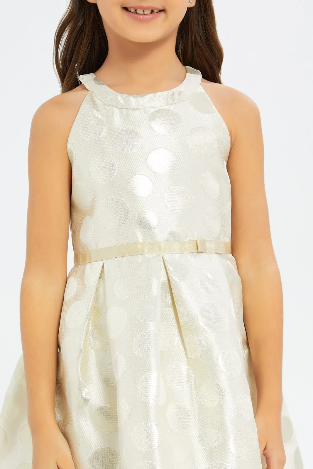 Girls Ivory Jacquard Dress With Bow Tie