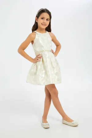 Girls Ivory Jacquard Dress With Bow Tie