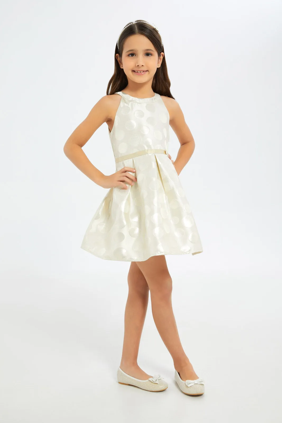 Girls Ivory Jacquard Dress With Bow Tie