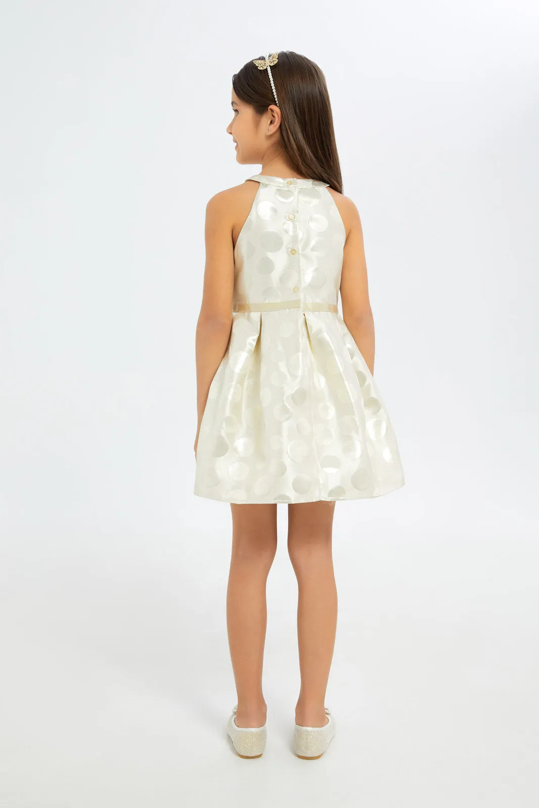 Girls Ivory Jacquard Dress With Bow Tie