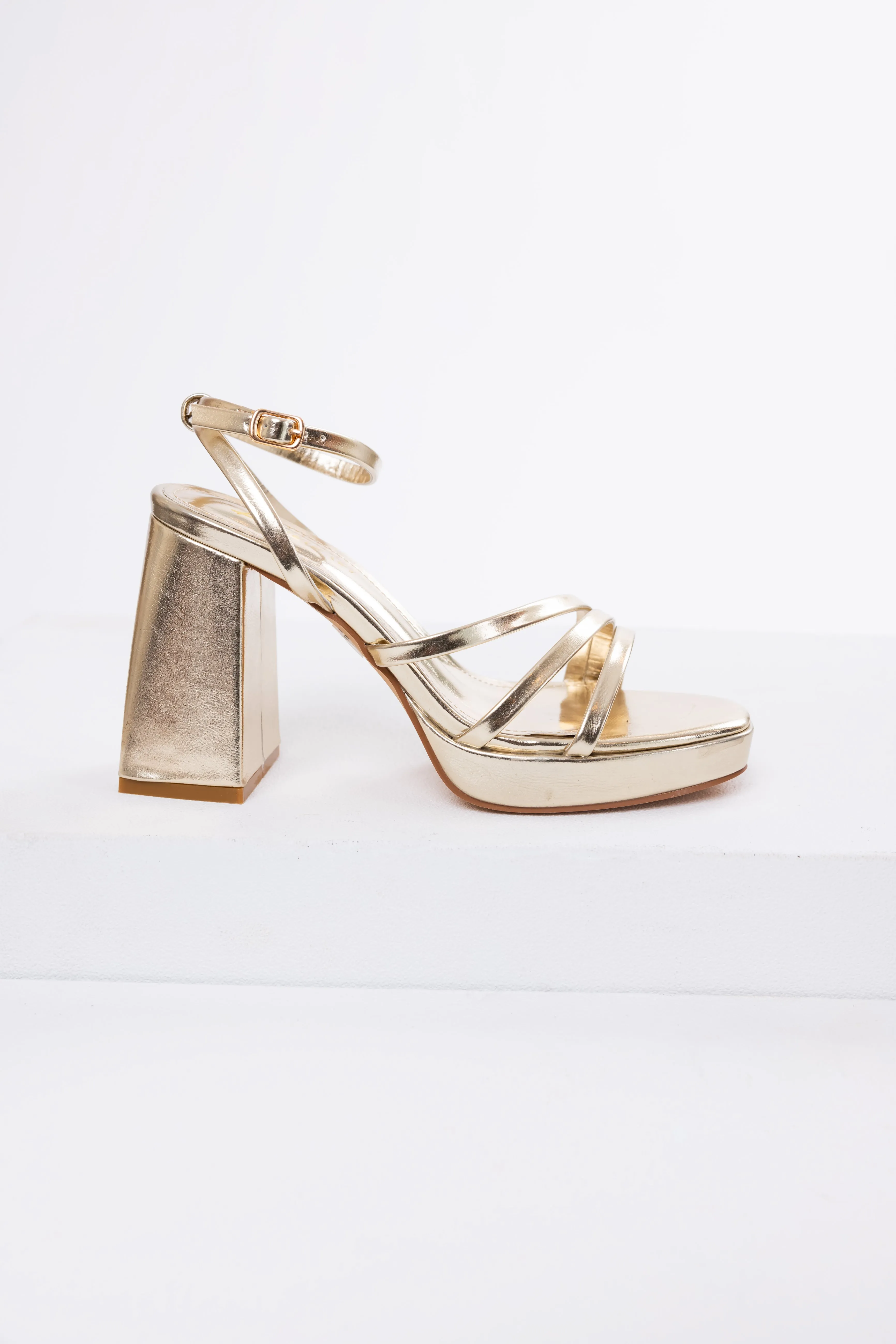 Gold Block Heel Strappy Dress Sandals