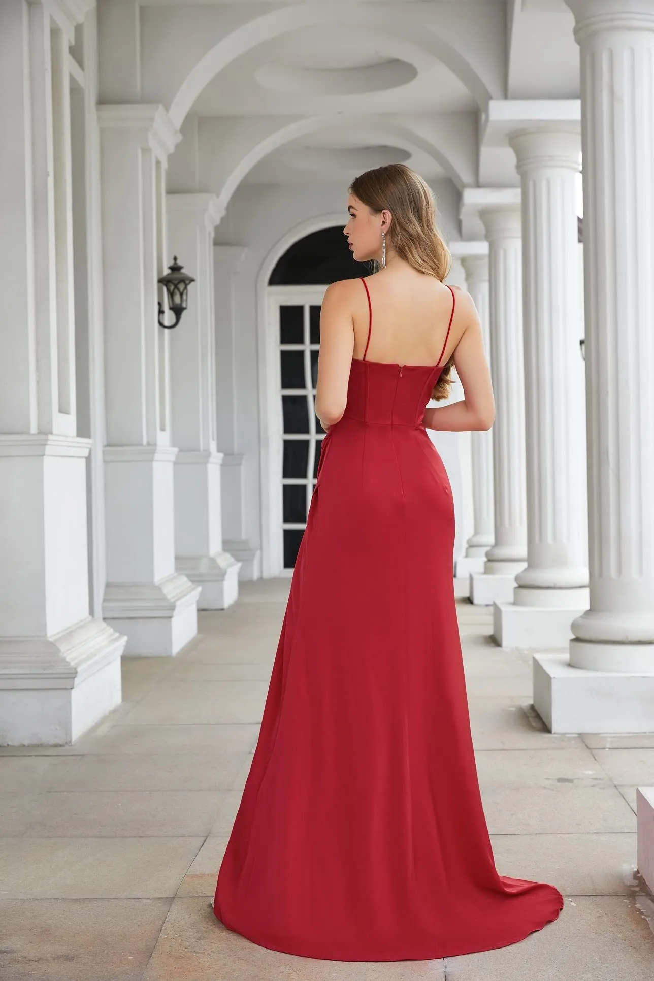 High Slit Spaghetti Satin Ruched Prom Dress
