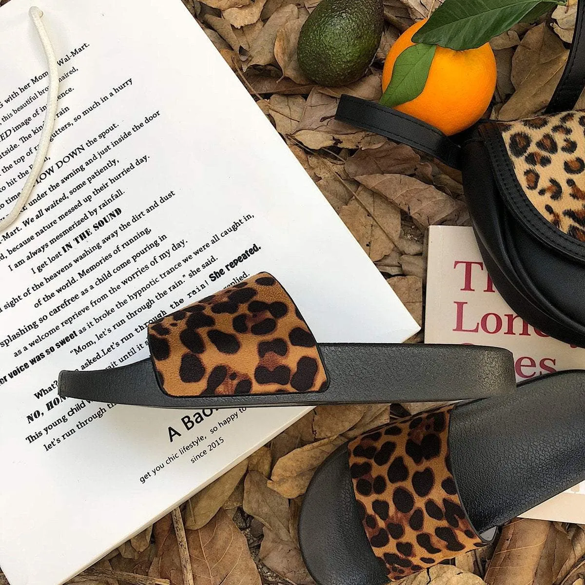 Leopard Print Black Flat Sole Rubber Summer Sandals