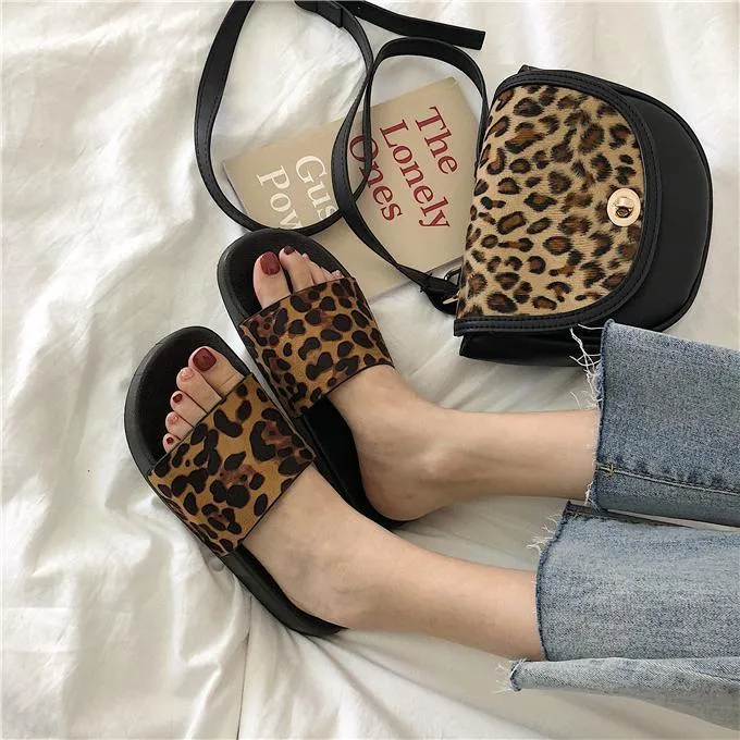 Leopard Print Black Flat Sole Rubber Summer Sandals