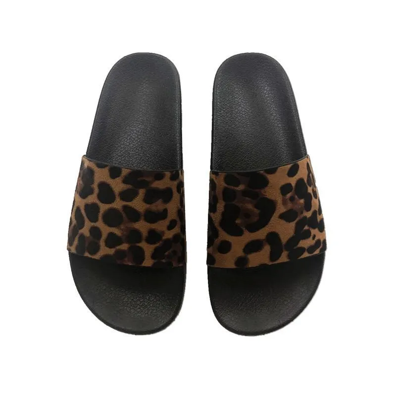 Leopard Print Black Flat Sole Rubber Summer Sandals