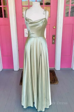 Open Back Sage Satin Long Prom Dress with High Slit Long Sage Formal Graduation Evening Dress