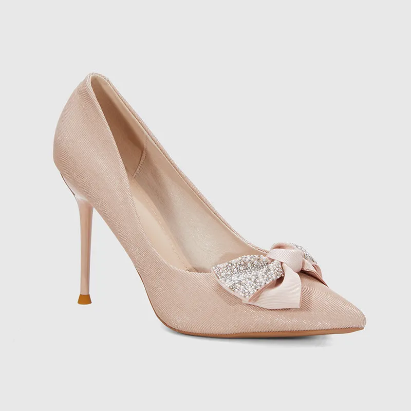 Pointed Head Pearl Bowknot Stiletto Heeled Sandals