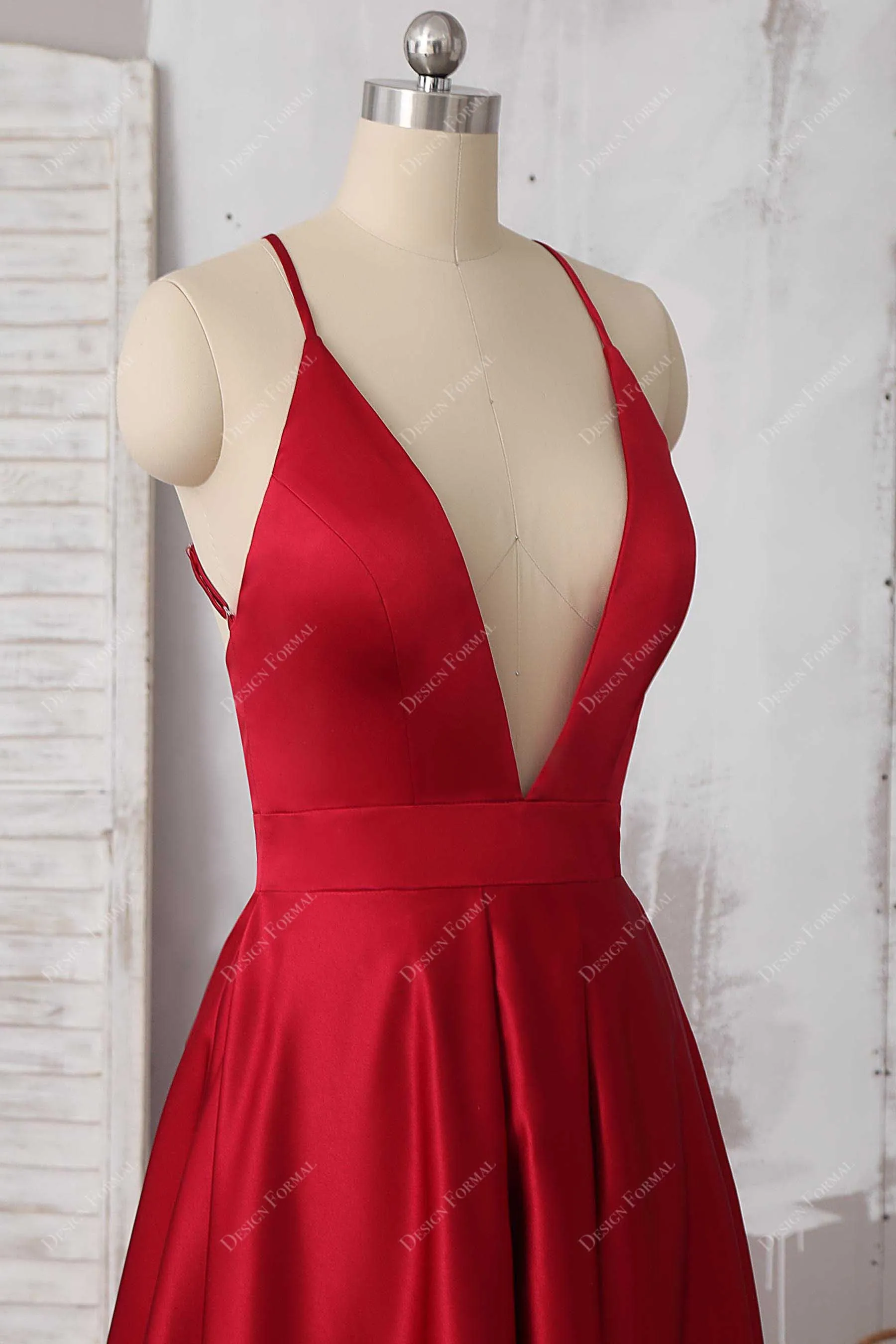Red Satin Plunging V-neck Sexy Open Back Simple A-line Prom Dress