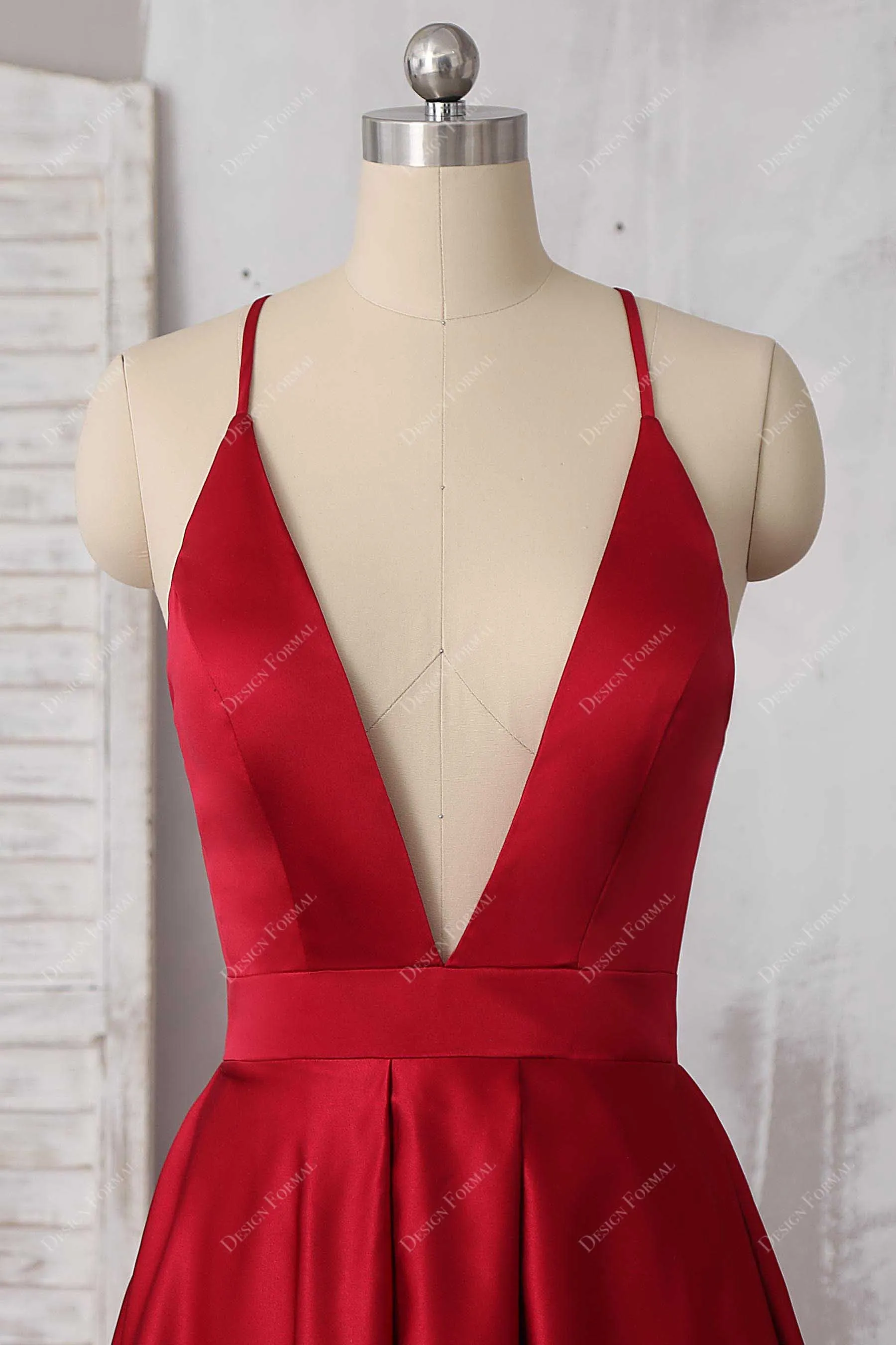Red Satin Plunging V-neck Sexy Open Back Simple A-line Prom Dress