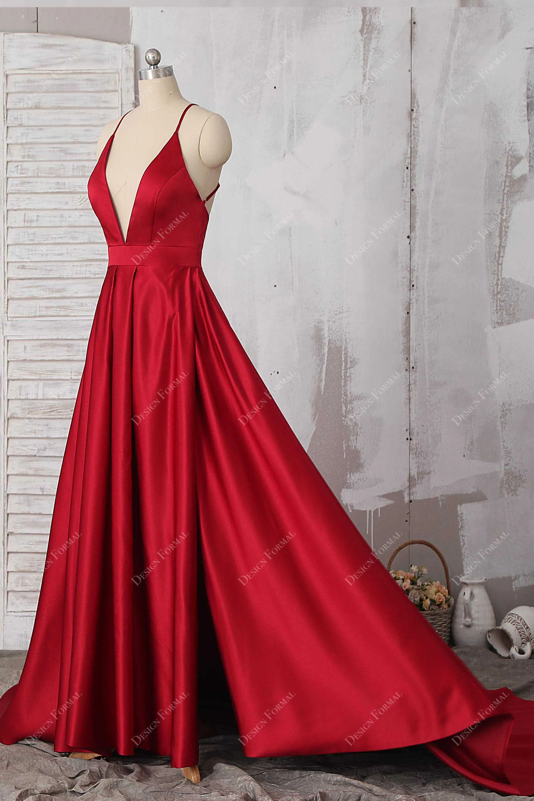 Red Satin Plunging V-neck Sexy Open Back Simple A-line Prom Dress