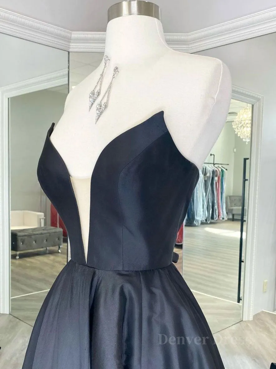 Simple black satin long prom dress black evening dress