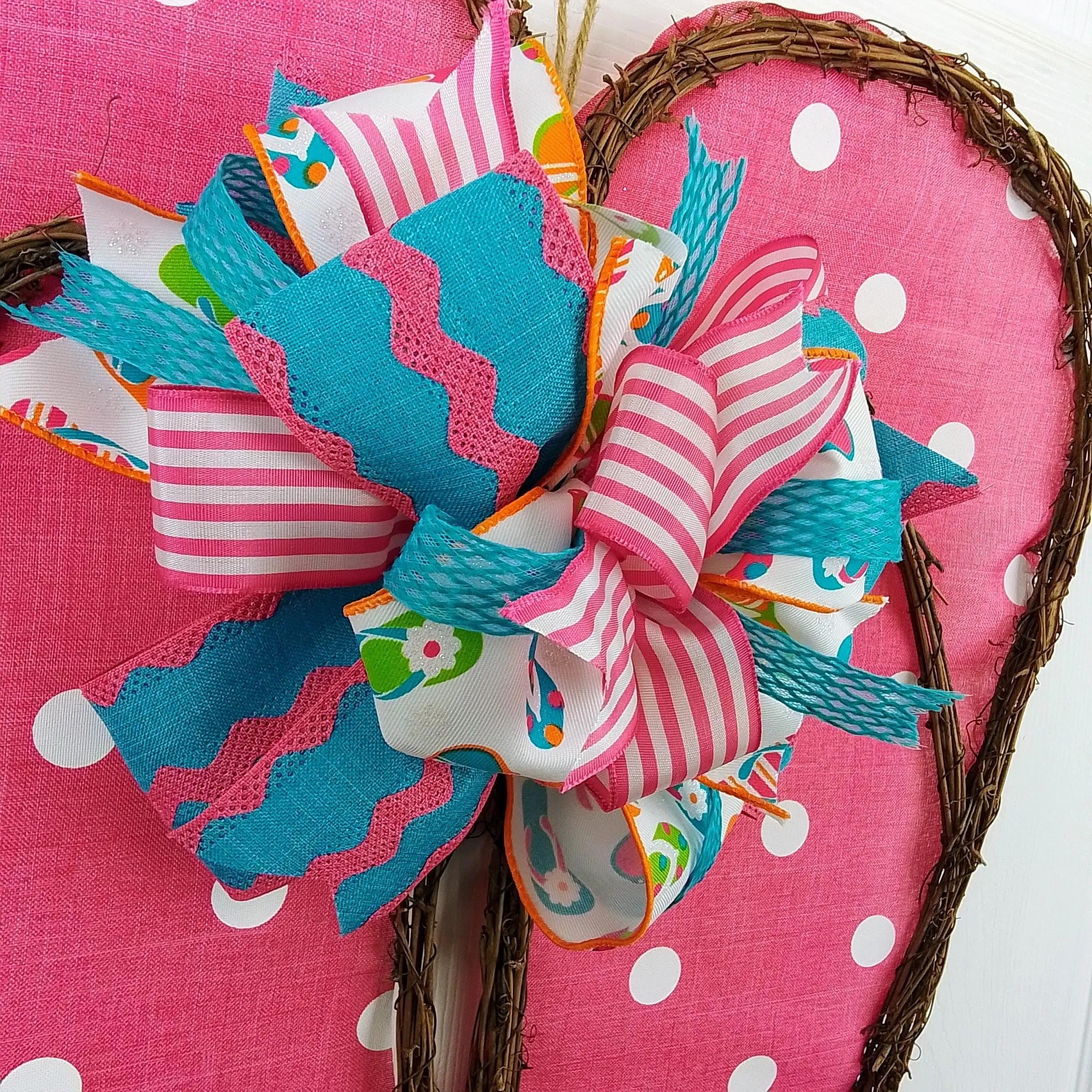 Spring Summer Flip Flop Grapevine Wreath - Polka Dot Door Hanger Oversized Bow Pink Fuschia Door Decor; Pink White Blue Orange