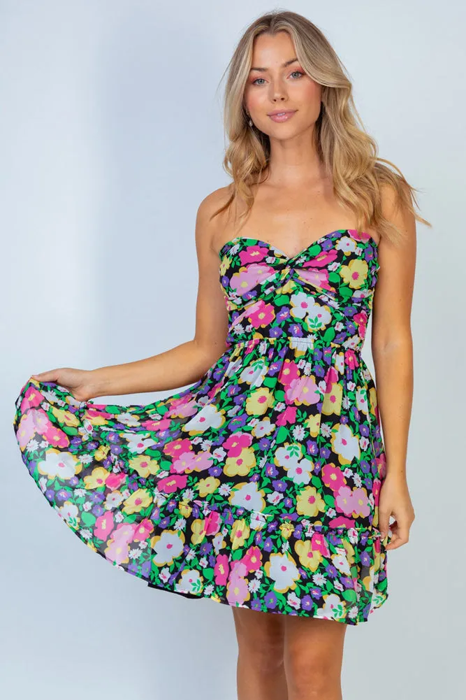Twist front Tube Dress in Black Multi by White Birch