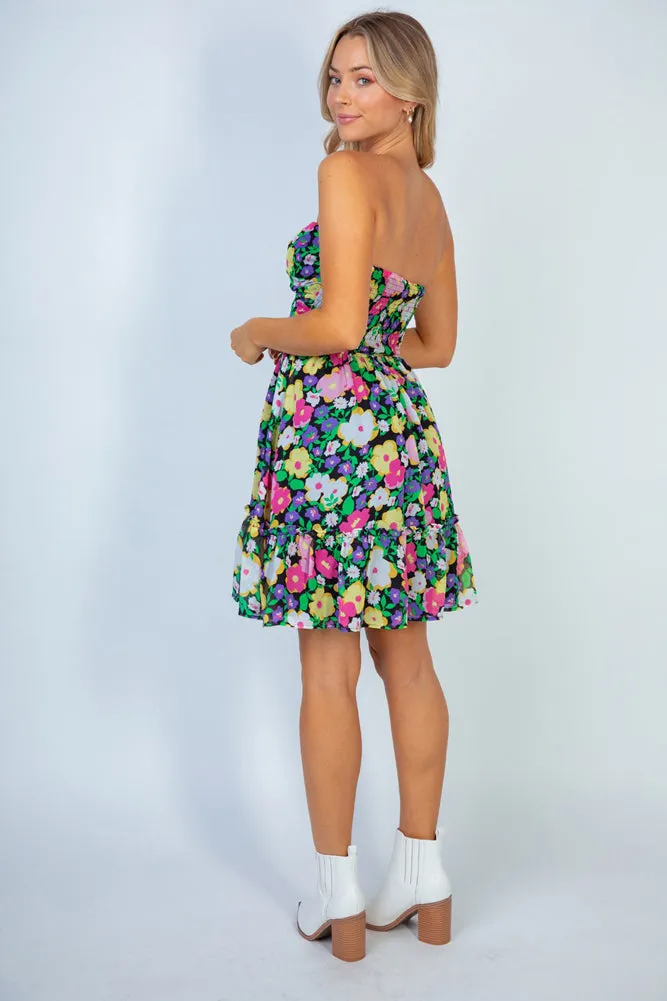 Twist front Tube Dress in Black Multi by White Birch